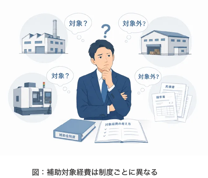 図：補助対象経費は制度ごとに異なる