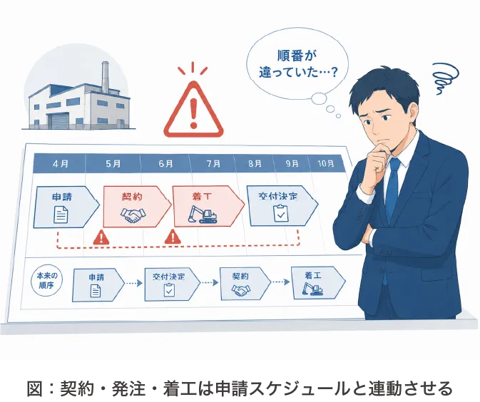図：契約・発注・着工は申請スケジュールと連動させる